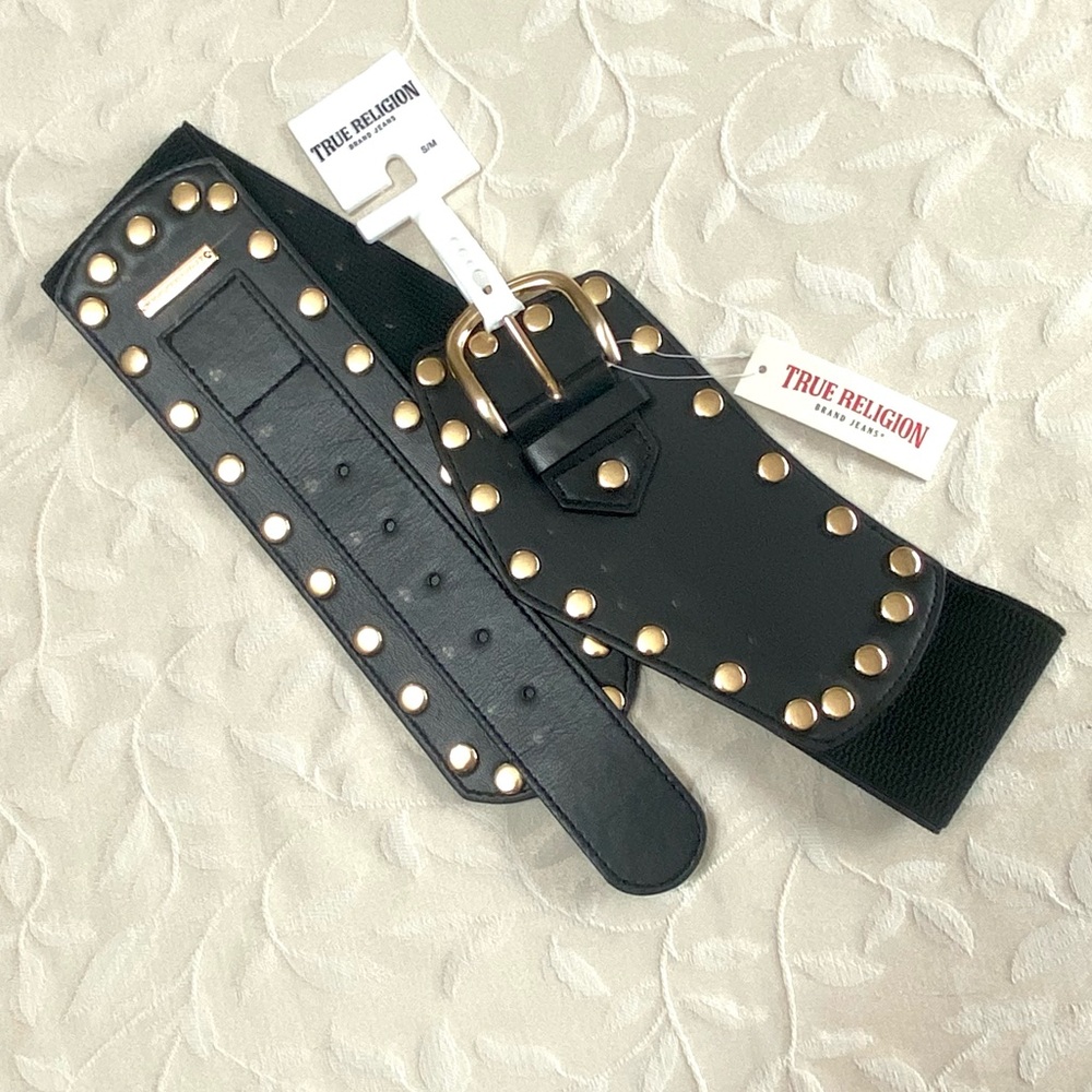 🆕 True Religion Belt Womens Small Medium Black Wide Studded Elastic Stretch NWT